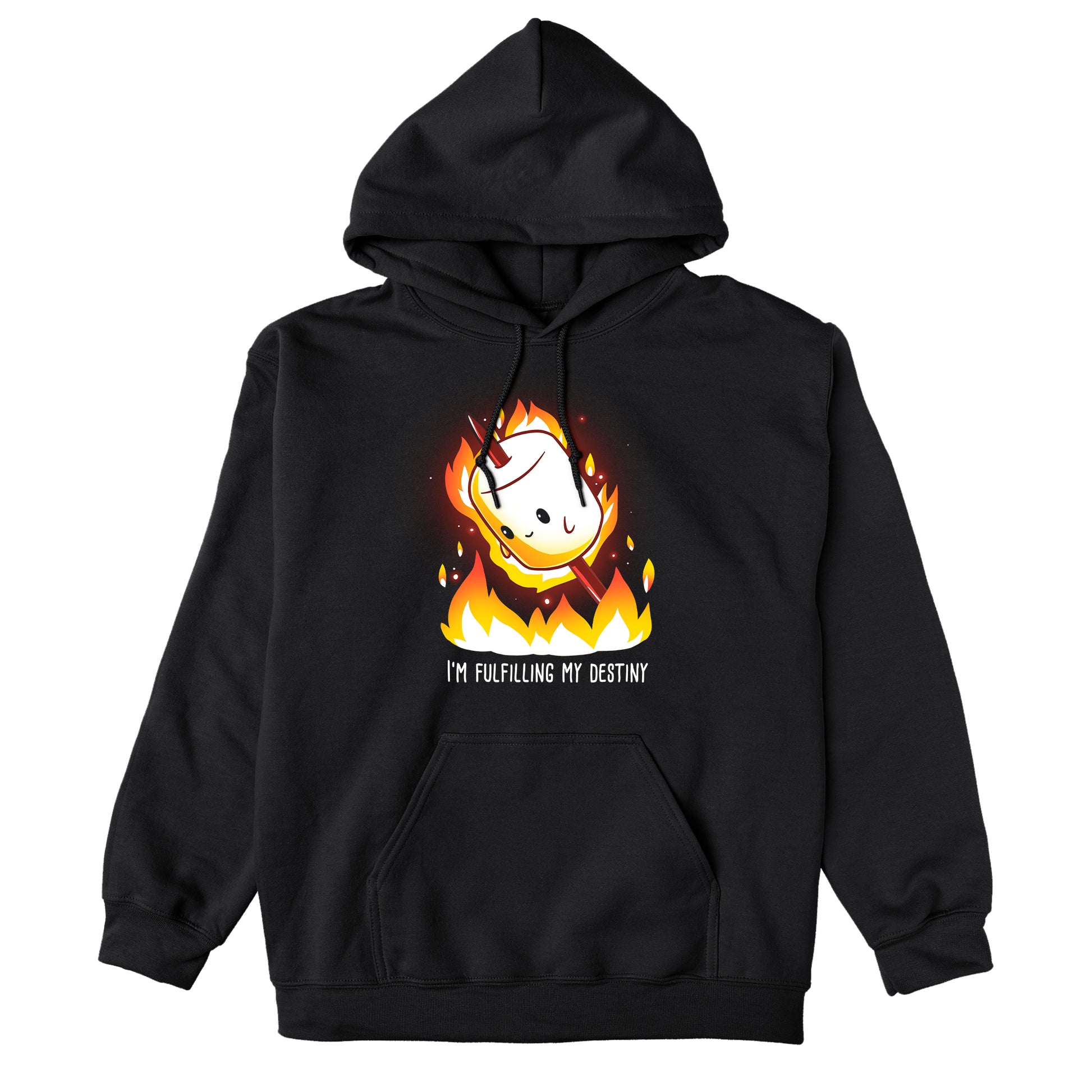 Pullover Hoodie_TeeTurtle I'm Fulfilling My Destiny black design featuring a cheerful marshmallow on a stick is surrounded by flames with the caption "I'm Fulfilling My Destiny" below in this food.