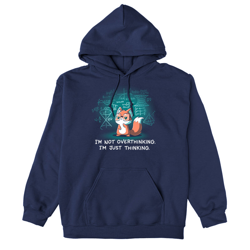 Pullover Hoodie_TeeTurtle navy blue I'm Just Thinking. Featuring a thinking fox with glasses surrounded by mathematical equations.