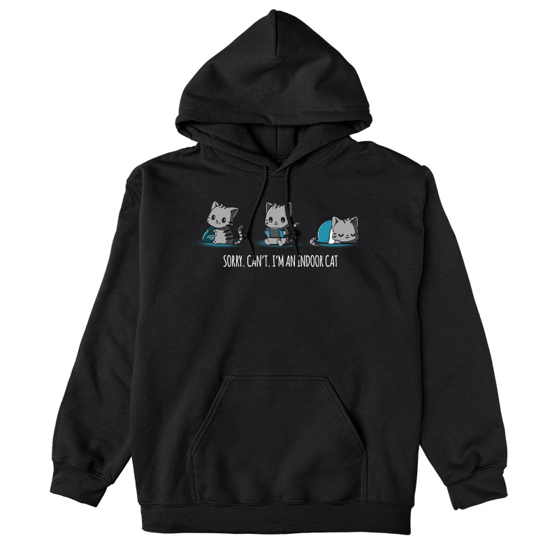 Pullover Hoodie_TeeTurtle I'm an Indoor Cat black t-shirt featuring three gray cats one eating chips, one playing video games, one sleeping