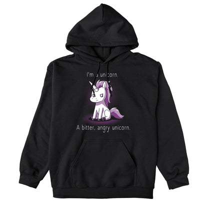 Pullover Hoodie_A cartoon unicorn with a stern expression sits against a dark background on this I'm a Bitter, Angry Unicorn apparel. The text reads, "I'm a unicorn. A bitter, angry unicorn." Available in unisex and women's appareloptions, crafted from black super soft ringspun cotton for ultimate comfort by monsterdigital.