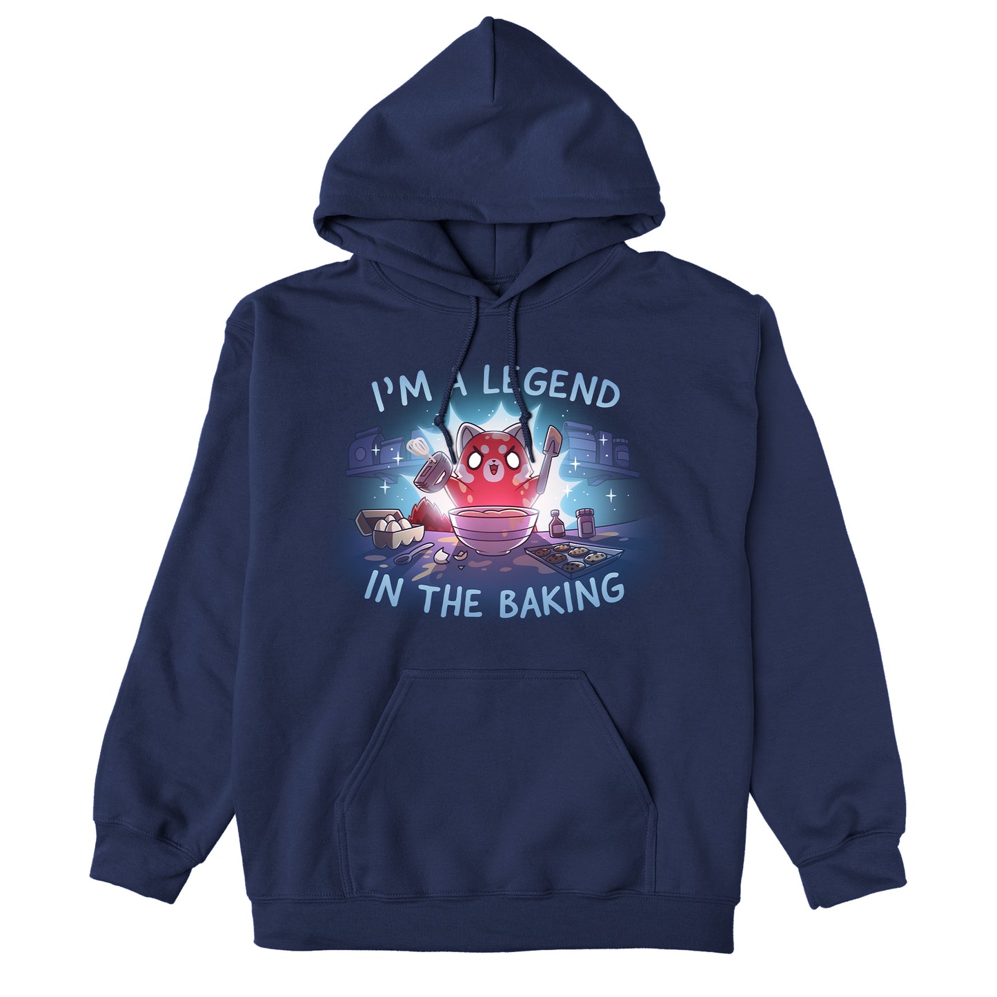 Pullover Hoodie_TeeTurtle navy blue I'm a Legend in the Baking apparel featuring a red panda with lit up eyes holding a spatula and hand mixer in a kitchen surrounded by baking equipment, such as a sheet of cookies, eggs, and flour.