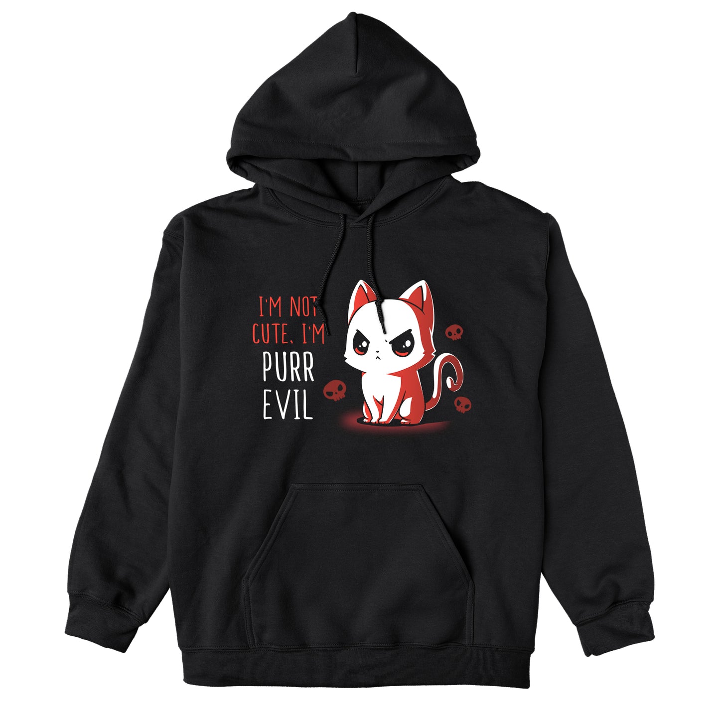 Pullover Hoodie_Illustration of a frowning red and white cat with the text "I'm not cute, I'm purr evil" against a black background, accompanied by small skull icons. Available on a super soft ringspun cotton black unisex tee, this "I'm Not Cute, I'm Purr Evil" apparel from monsterdigital is perfect for those who embrace their darker side.