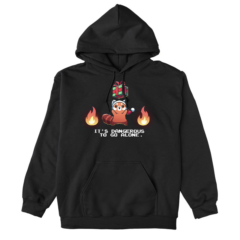 Pullover Hoodie_TeeTurtle black It's Dangerous To Go Alone apparel featuring a red panda holding a floating present surrounded by two flames.