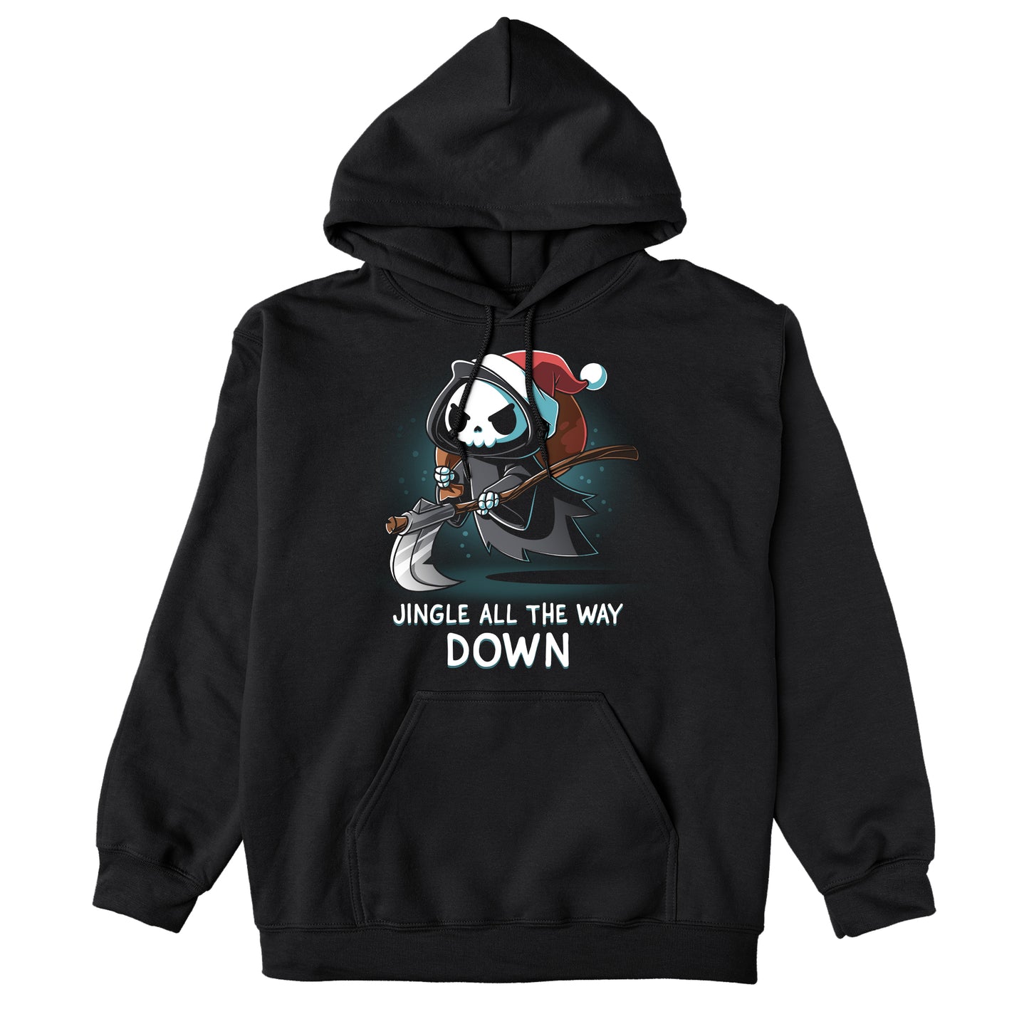 Pullover Hoodie_TeeTurtle black Jingle All the Way Down apparel featuring the Grim Reaper wearing a Santa hat carrying a sack, and scythe.