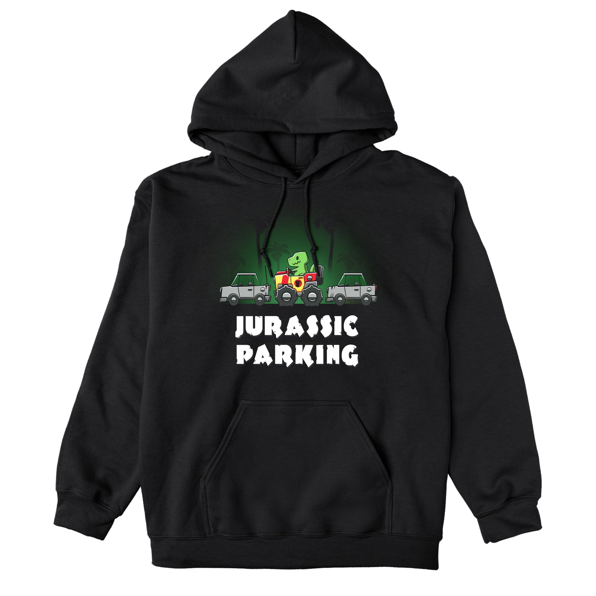 Pullover Hoodie_TeeTurtle Jurassic Parking black design featuring a pun of a t-rex dinosaur parallel parking in a movie themed jeep.