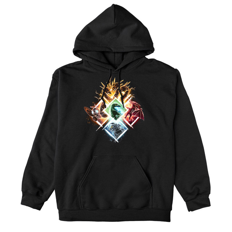 Pullover Hoodie_TeeTurtle black Kaiju Vortex apparel featuring King Ghidorah, Mothra, Godzilla, Rodan, and Mechagodzilla in diamond-shaped frames grouped together to form a large diamond.