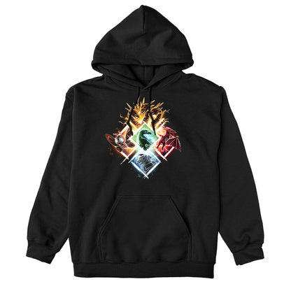 Pullover Hoodie_TeeTurtle black Kaiju Vortex apparel featuring King Ghidorah, Mothra, Godzilla, Rodan, and Mechagodzilla in diamond-shaped frames grouped together to form a large diamond.