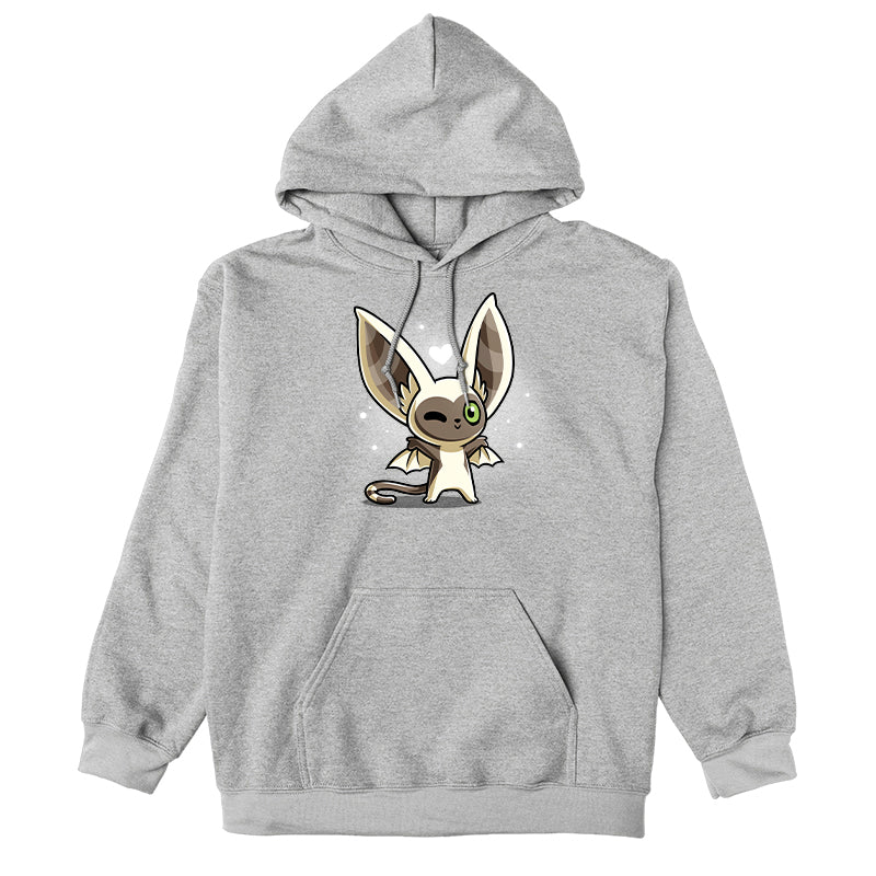 Pullover Hoodie_TeeTurtle heather gray Kawaii Momo apparel featuring a winking Momo with his wings spread.