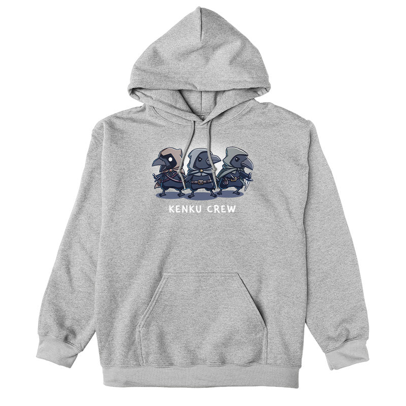 Pullover Hoodie_TeeTurtle heather gray Kenku Crew apparel featuring three hooded Kenku from Dungeons & Dragons with the lefthand Kenku holding a sword, and the righthand Kenku holding a small dagger.