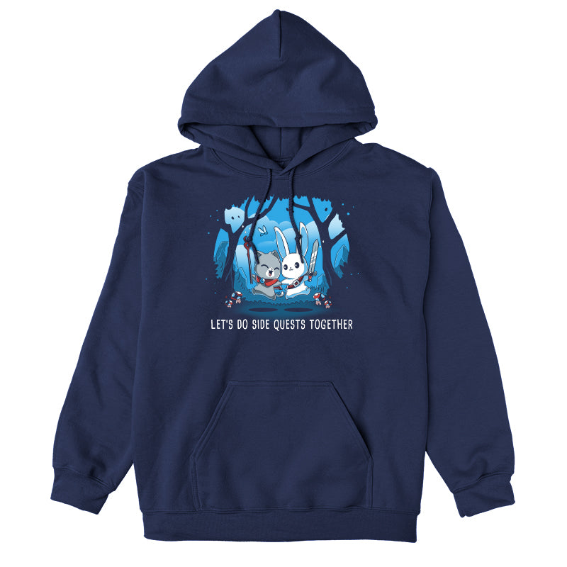 Pullover Hoodie_TeeTurtle Let’s Do Side Quests Together navy blue design featuring a cat with a staff and a bunny with a sword surrounded by trees and mushrooms.