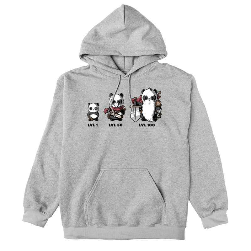 Pullover Hoodie_TeeTurtle heather gray Level Up. Featuring a panda at different levels and getting more armor as it levels up.