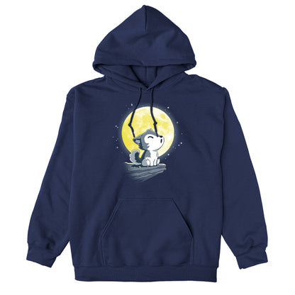 Pullover Hoodie_TeeTurtle Lil' Werewolf navy blue t-shirt featuring a young wolf howling at the moon