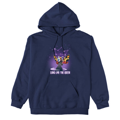 Pullover Hoodie_TeeTurtle navy blue Long Live The Queen apparel featuring Mothra perched on a mountain peak with a constellation of stars forming a crown above her head, with the caption, “Long Live The Queen“ at the bottom.