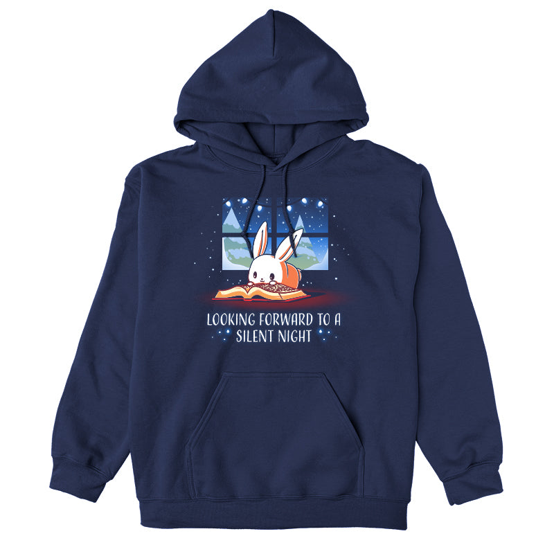 Pullover Hoodie_TeeTurtle navy blue Looking Forward to a Silent Night. Featuring a reading bunny with a snowy forest outside.