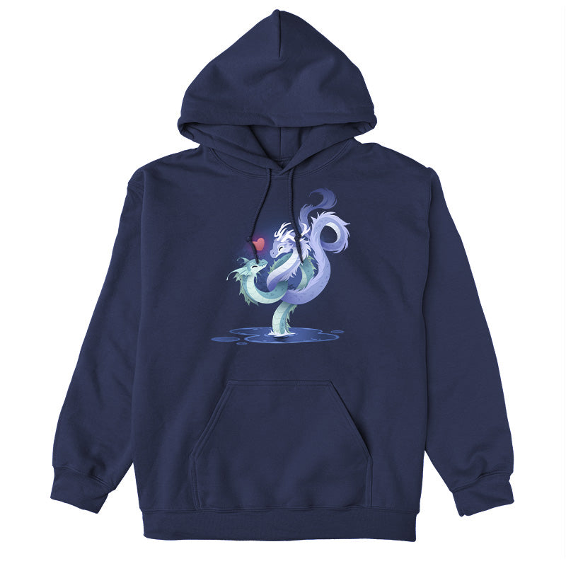 Pullover Hoodie_TeeTurtle navy blue Love Entwined apparel featuring two entwined dragons emerging from a lake.