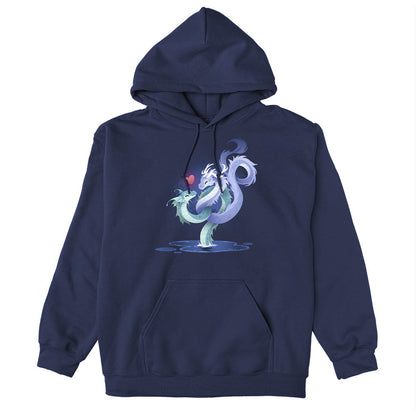 Pullover Hoodie_TeeTurtle navy blue Love Entwined apparel featuring two entwined dragons emerging from a lake.