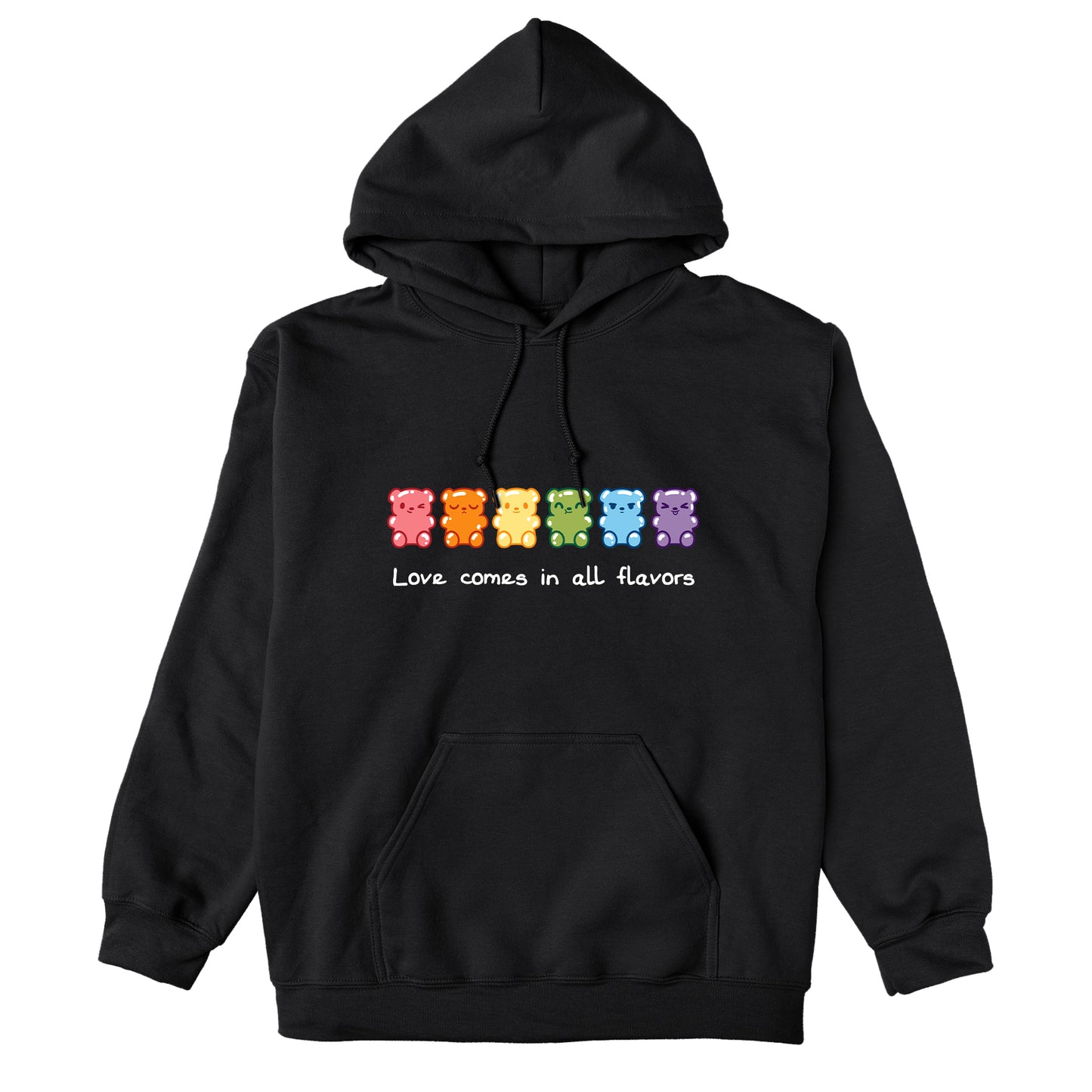 Pullover Hoodie_Image of seven gummy bears in various colors (red, orange, yellow, green, blue, purple) with the caption "Love comes in all flavors." Perfect for pairing with our super soft ringspun cotton Love Comes In All Flavors apparel by monsterdigital.