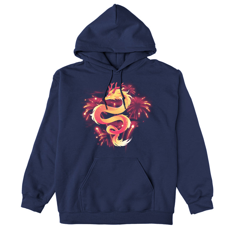 Pullover Hoodie_TeeTurtle lunar new year dragon navy blue design featuring a dragon amidst fireworks.