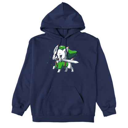  Pullover Hoodie_TeeTurtle Lynx navy blue design featuring a determined white Lynx with a sword in its mouth dressed in a long green hat and matching green tunic in this fantasy video game design. 