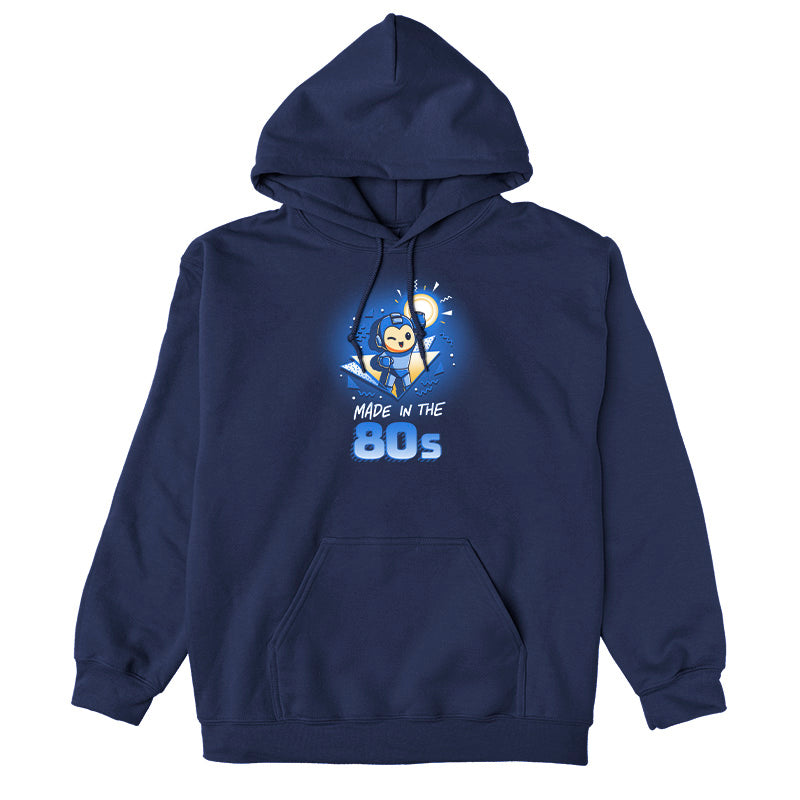 Pullover Hoodie_TeeTurtle navy blue Made in the 80s featuring a winking Mega Man with his blaster arm in the air surrounded by 80s graphic elements, and the caption, "Made in the 80s".