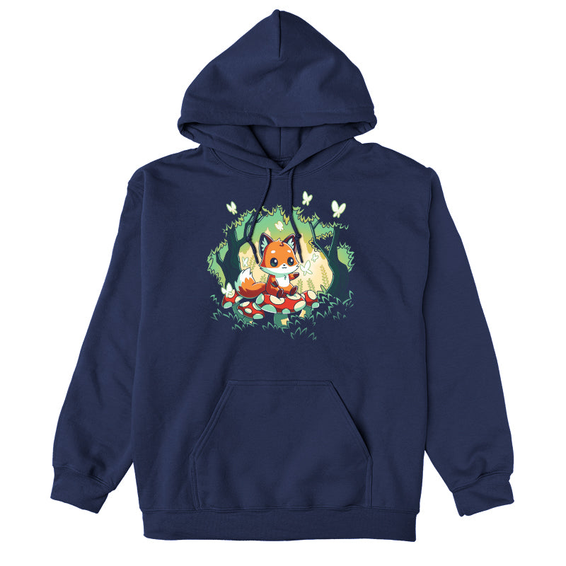 Pullover Hoodie_TeeTurtle navy blue Magical Forest. Featuring a fox sitting on a toadstool in a forest with butterflies.