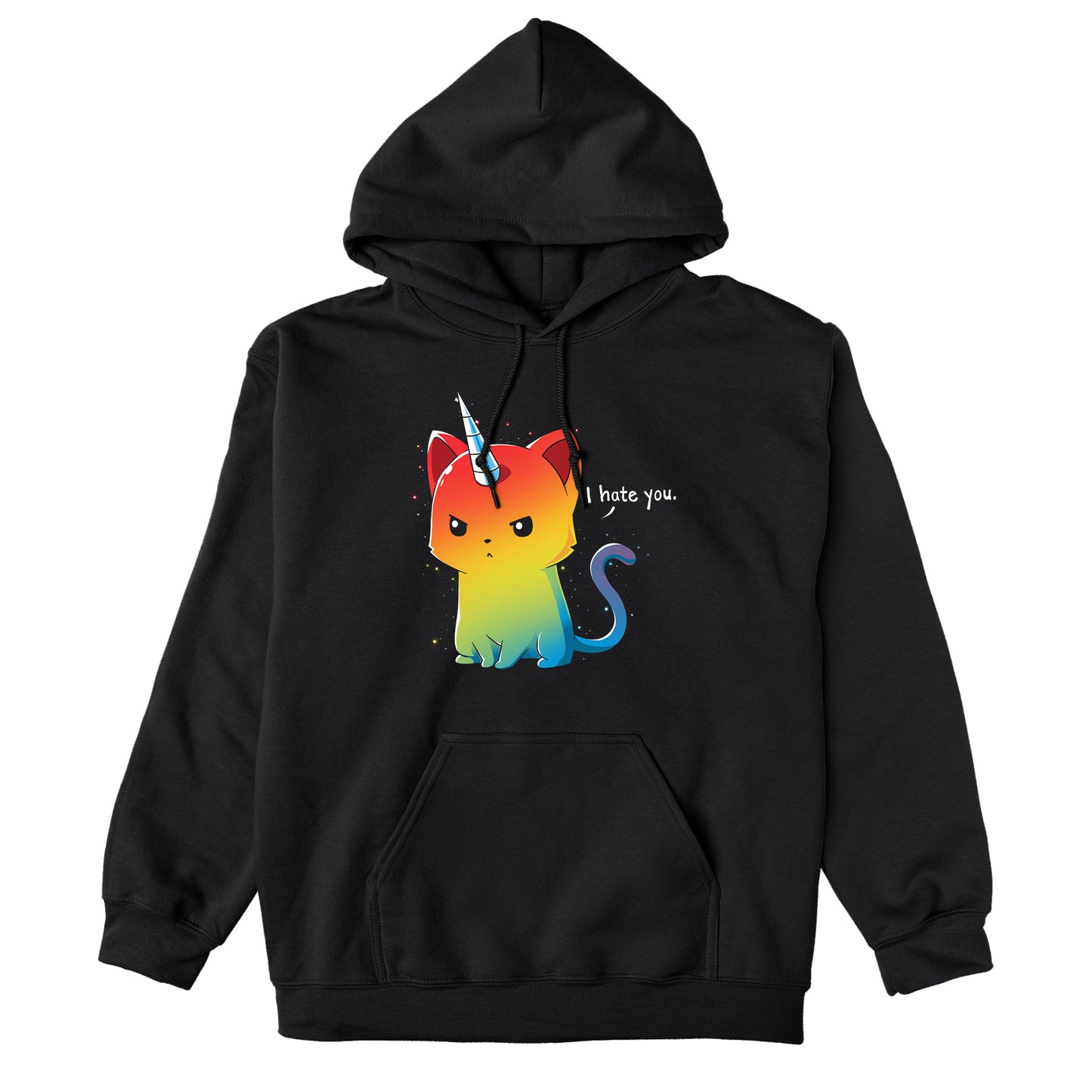 Pullover Hoodie_TeeTurtle black The Magical Kittencorn. Featuring an angry rainbow kittencorn saying, "I hate you.".