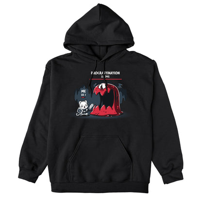 Pullover Hoodie_TeeTurtle Me Vs. Procrastination black t-shirt featuring a cat knight labeled "ME LV. 1" standing nervously in front of a giant red monster labeled "PROCRASTINATION LV. 342" in a dark, cavernous setting.