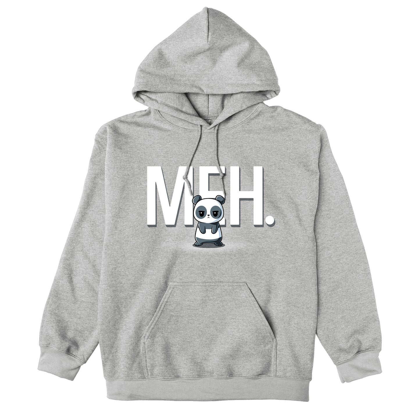 Pullover Hoodie_TeeTurtle heather gray Meh Panda apparel featuring a panda with a deadpan expression with the gigantic word, “MEH.“ in the background.