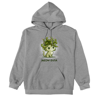 Pullover Hoodie_TeeTurtle heather gray Meow-dusa apparel featuring a grumpy green cat with a nest of snakes coiled on its head, and the caption, "Meow-dusa".