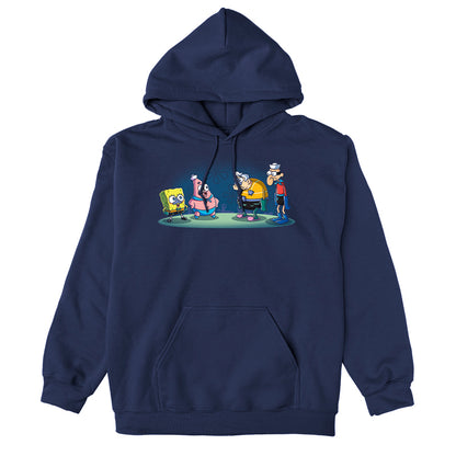 Pullover Hoodie_TeeTurtle navy blue MermaidBob and BarnaclePat apparel featuring SpongeBob SquarePants in a MermaidMan costume, and Patrick Star in a BarnacleBoy costume with a surprised MermaidMan and grumpy BarnacleBoy looking at them.