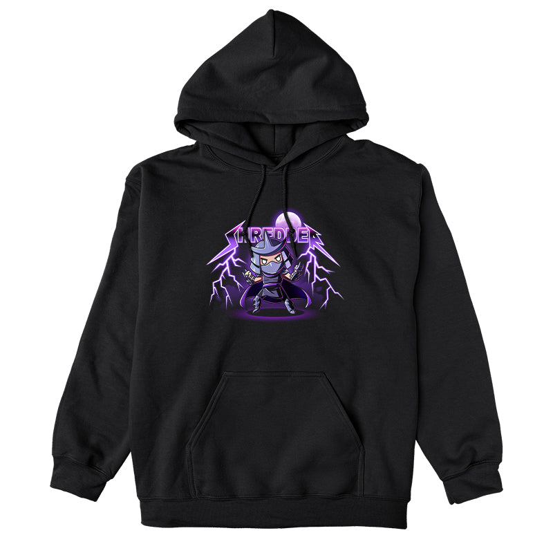 Pullover Hoodie_TeeTurtle black Metal Shredder apparel featuring Shredder in a ready-for-battle pose with his name rendered in a heavy metal font with lightning bolts at the end and the full moon in the background.