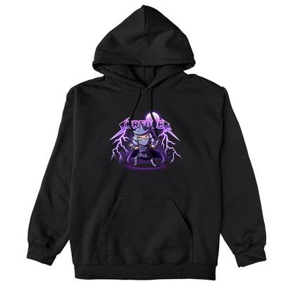 Pullover Hoodie_TeeTurtle black Metal Shredder apparel featuring Shredder in a ready-for-battle pose with his name rendered in a heavy metal font with lightning bolts at the end and the full moon in the background.