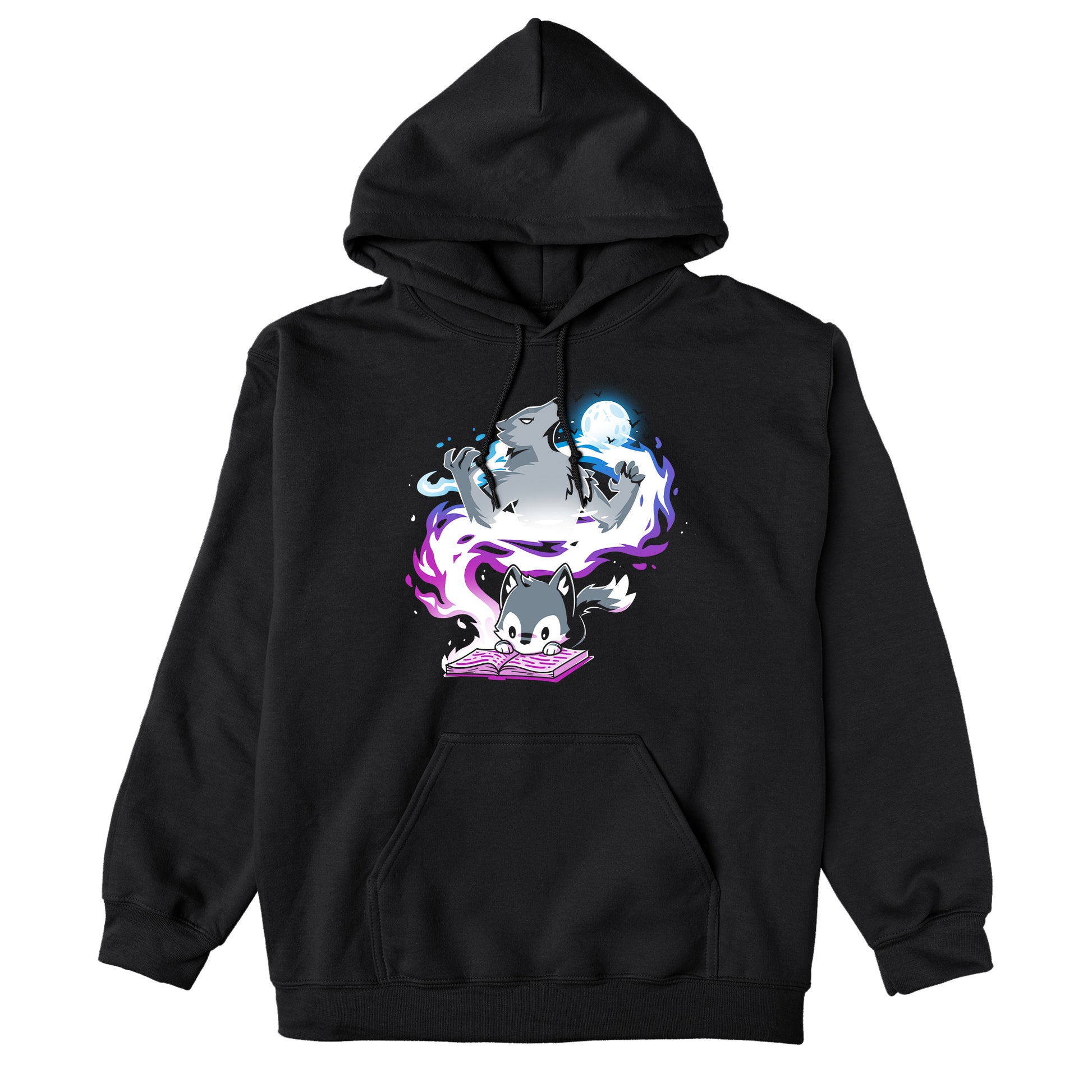 Pullover Hoodie_TeeTurtle Moonlight Tale black Featuring an imaginative wolf cub reading a book.