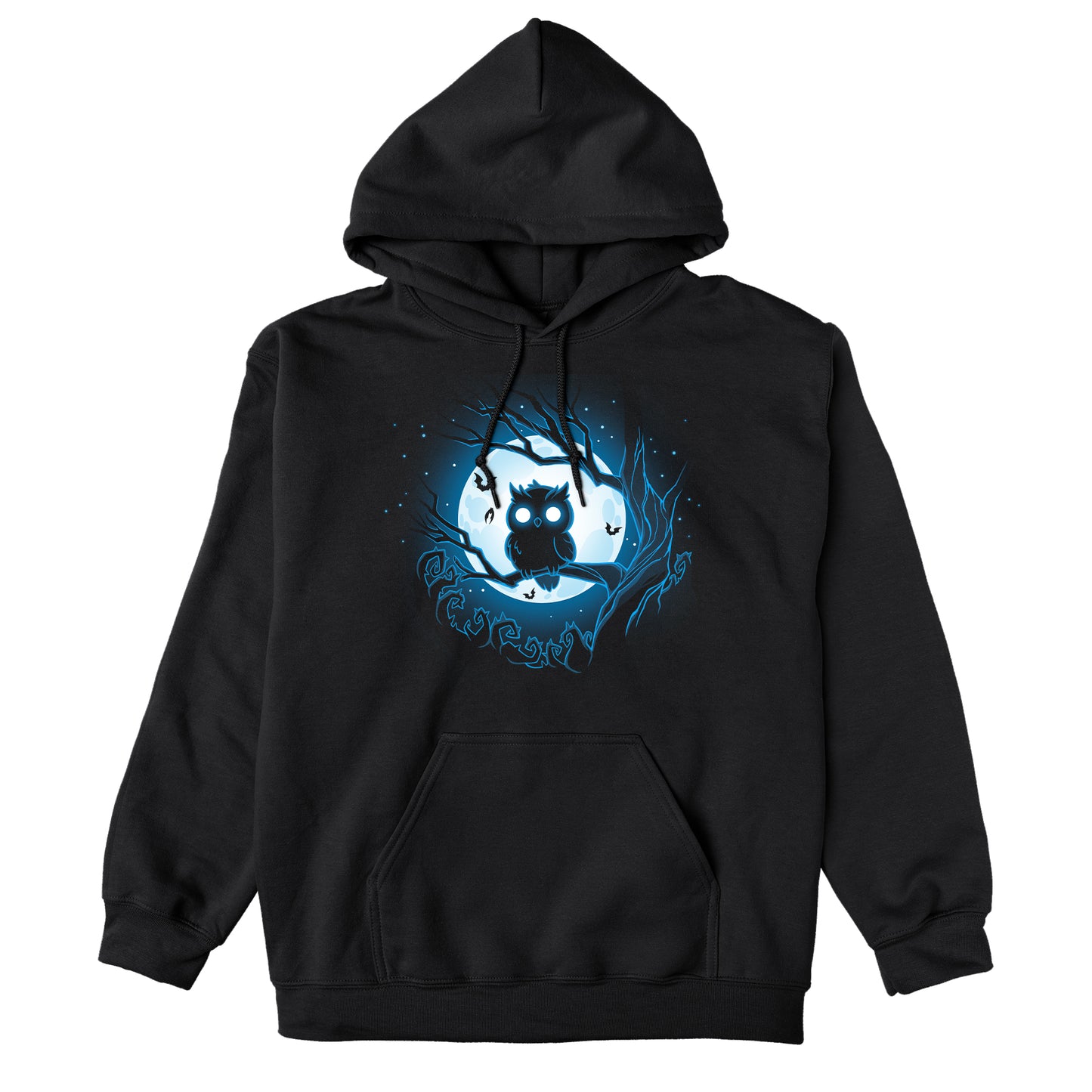 Pullover Hoodie_TeeTurtle Moonlit Owl black design featuring a glowing blue owl perched on a branch with a full moon and bats in the background.