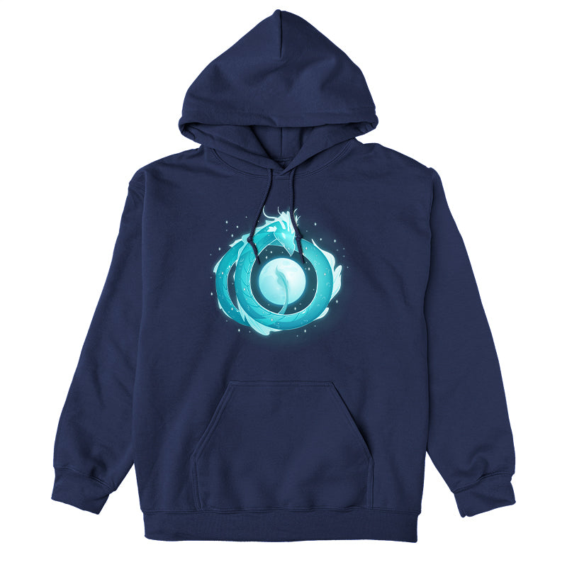 Pullover Hoodie_TeeTurtle navy blue Moonshadow Drake apparel featuring a ghostly dragon coiled in the sky with the full moon showing through the circular space created by its coils.