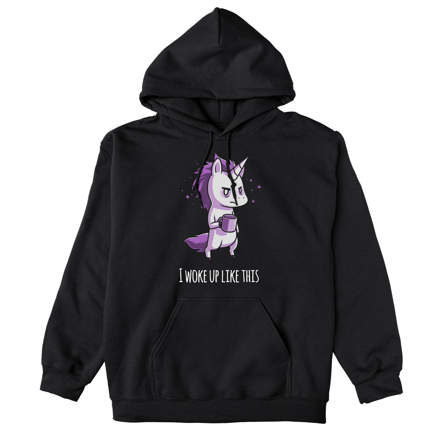 Pullover Hoodie_TeeTurtle black Morning Unicorn. Featuring a disheveled unicorn holding a coffee cup.