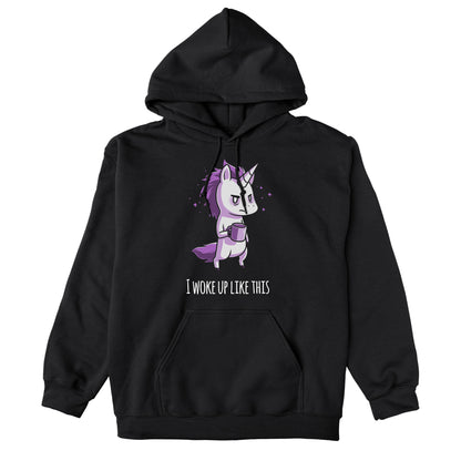 Pullover Hoodie_TeeTurtle black Morning Unicorn. Featuring a disheveled unicorn holding a coffee cup.