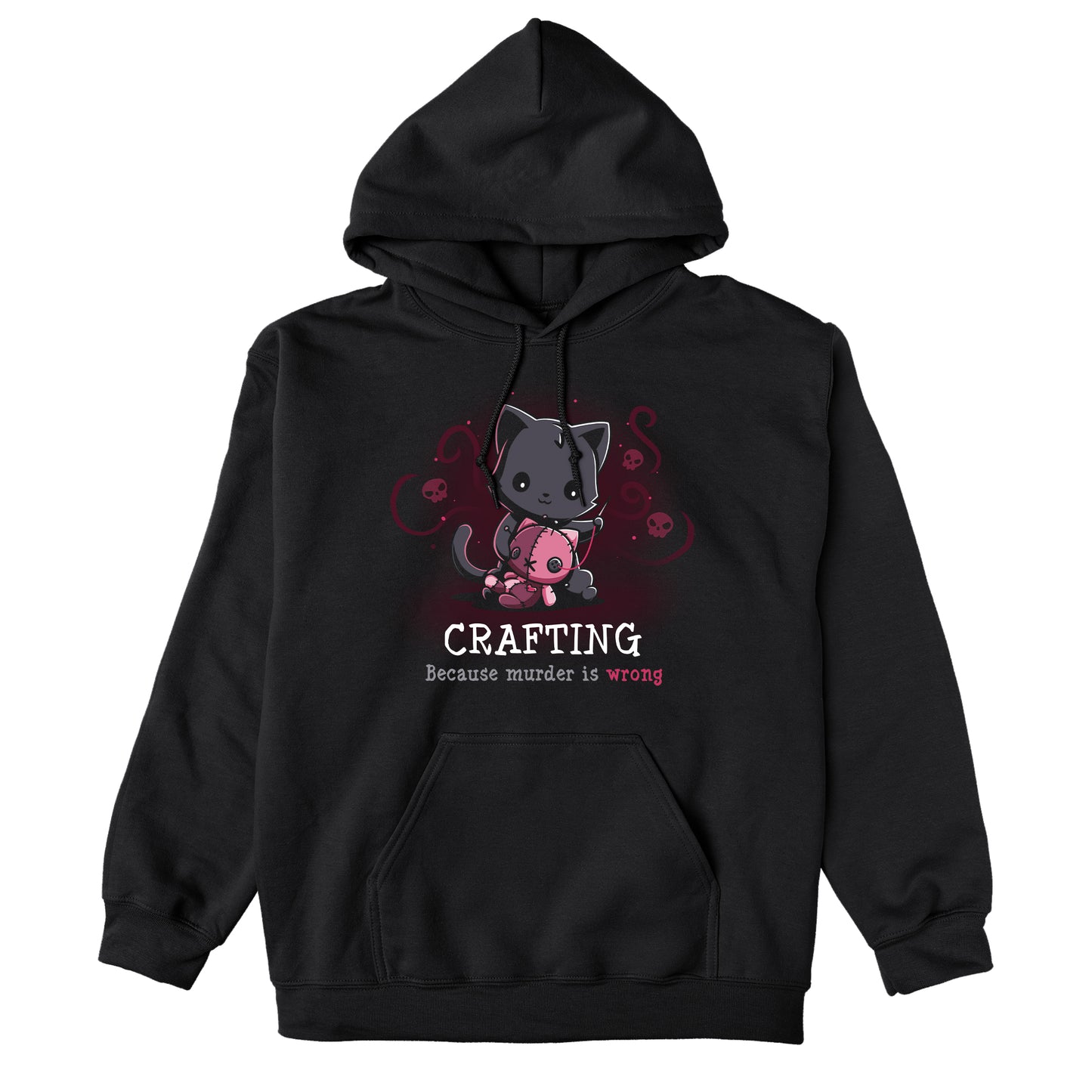 Pullover Hoodie_TeeTurtle Murder is Wrong black t-shirt featuring a cartoon cat  with a needle stitches a voodoo doll with skulls and swirly designs are in the background while crafting