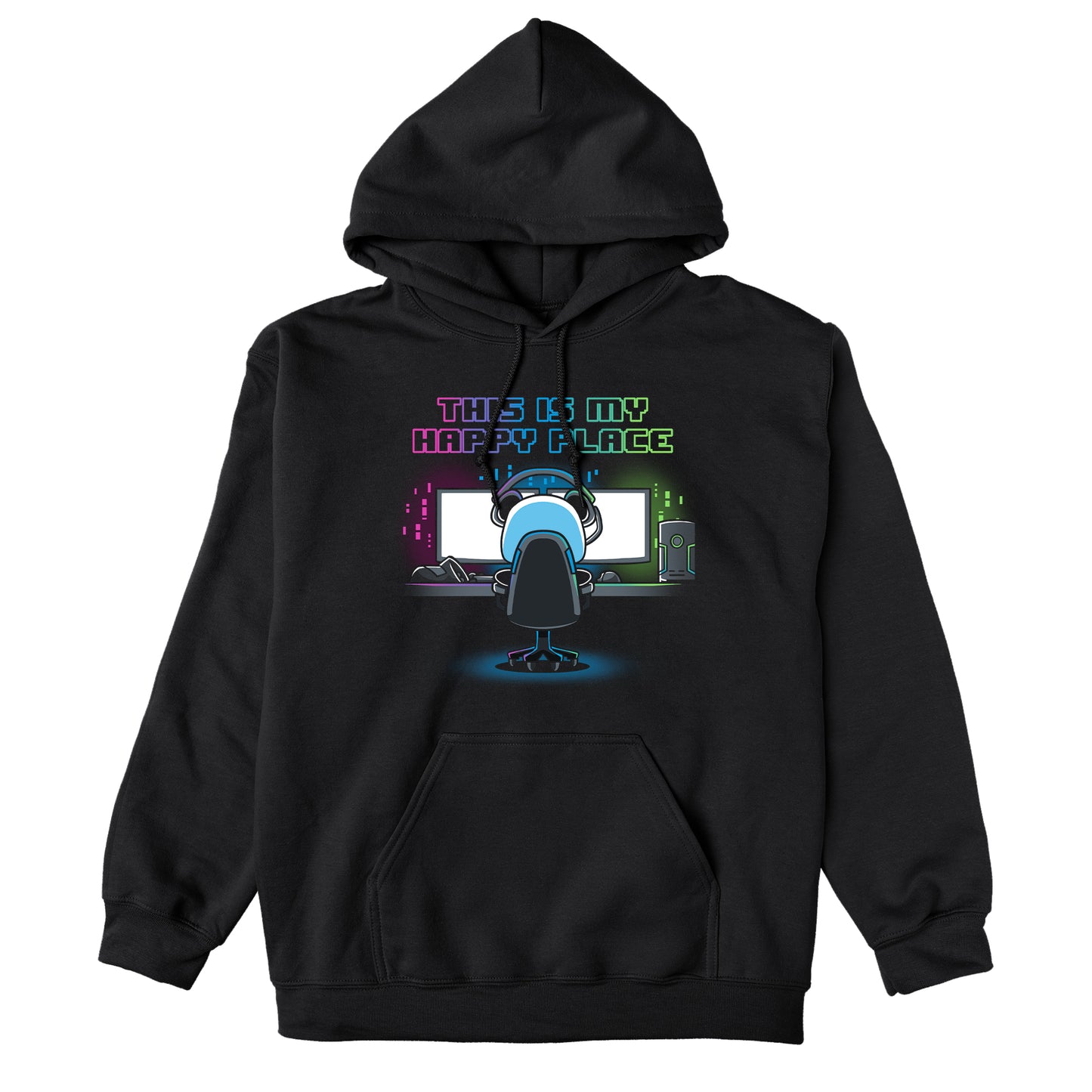 Pullover Hoodie_Illustration of a person sitting at a computer desk with multiple monitors, wearing a headset and a black apparel. Above them, text reads "My Rig is My Happy Place" by monsterdigital in colorful neon letters.