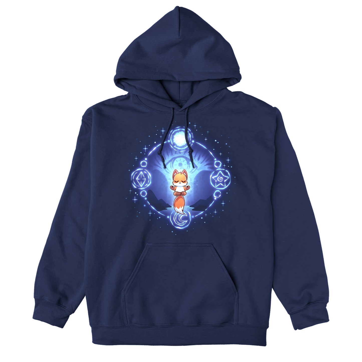 Pullover Hoodie_TeeTurtle navy blue Mystic Fox apparel featuring a floating fox in a meditative position surrounded by a circle with mystical celestial symbols on it and a giant eye in the background.