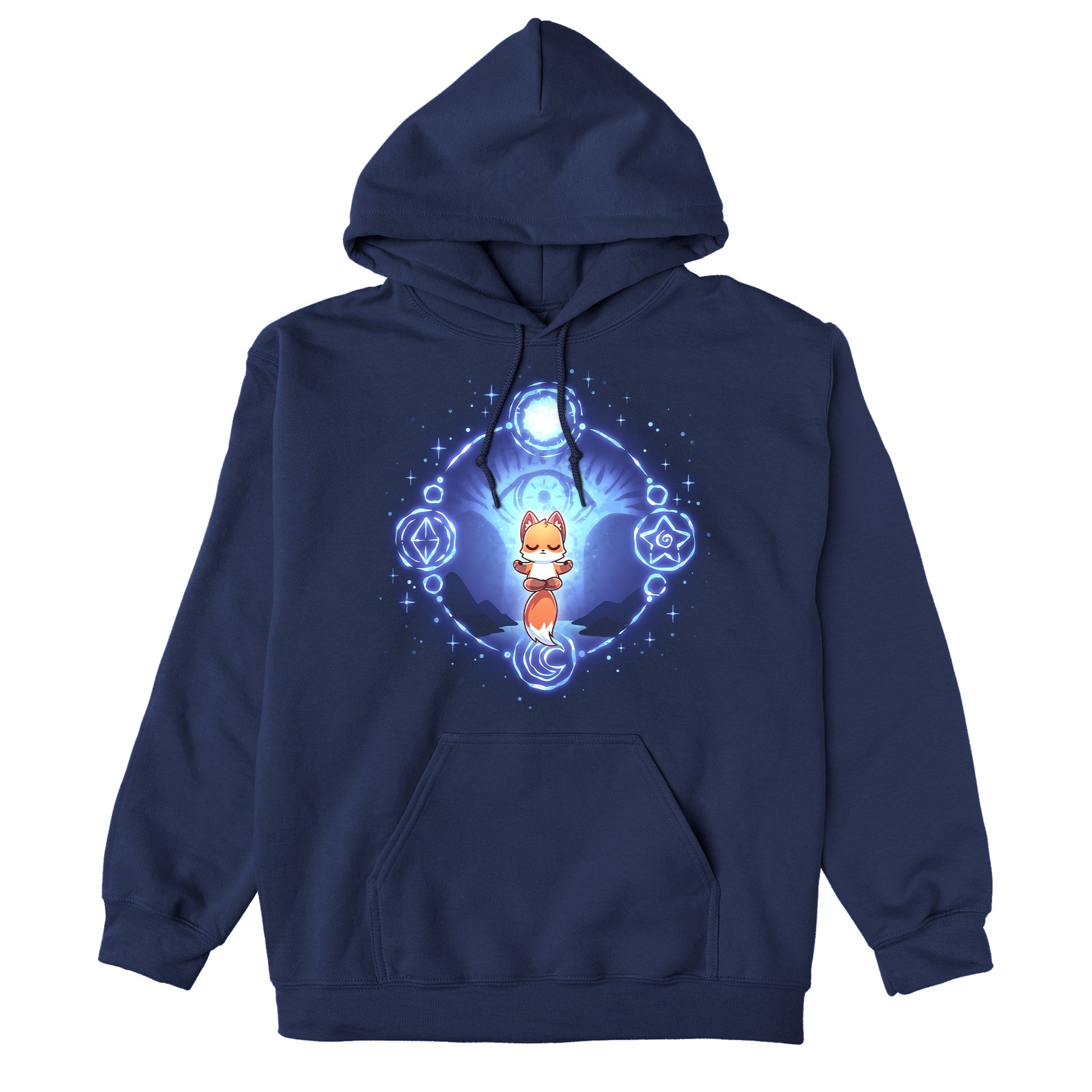 Pullover Hoodie_TeeTurtle navy blue Mystic Fox apparel featuring a floating fox in a meditative position surrounded by a circle with mystical celestial symbols on it and a giant eye in the background.