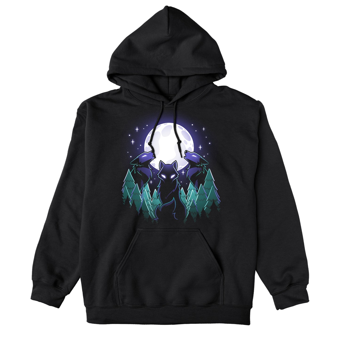 Pullover Hoodie_TeeTurtle Mystical Moon black design featuring three wolves with glowing eyes howl at a large, Mystical Moon, surrounded by a nature forest of evergreen trees and twinkling stars in the night sky.