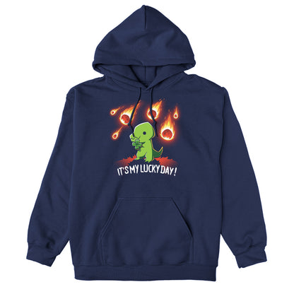 Pullover Hoodie_TeeTurtle It's My Lucky Day navy blue t-shirt featuring a dinosaur holding a four-leaf clover while meteors fall from the sky. The text below reads, "It's my lucky day!"