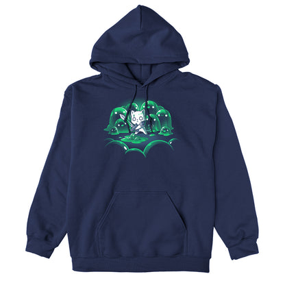 Pullover Hoodie_TeeTurtle navy blue The Never-Ending Fight. Featuring a cat warrior holding a sword surprised at being surrounded by a group of green slimes.