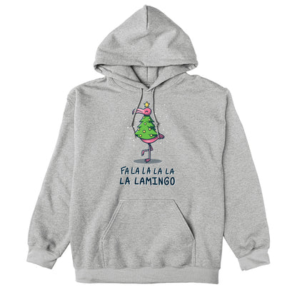 Pullover Hoodie_TeeTurtle Fa La La Lamingo heather gray design featuring a flamingo dressed up as a Christmas tree