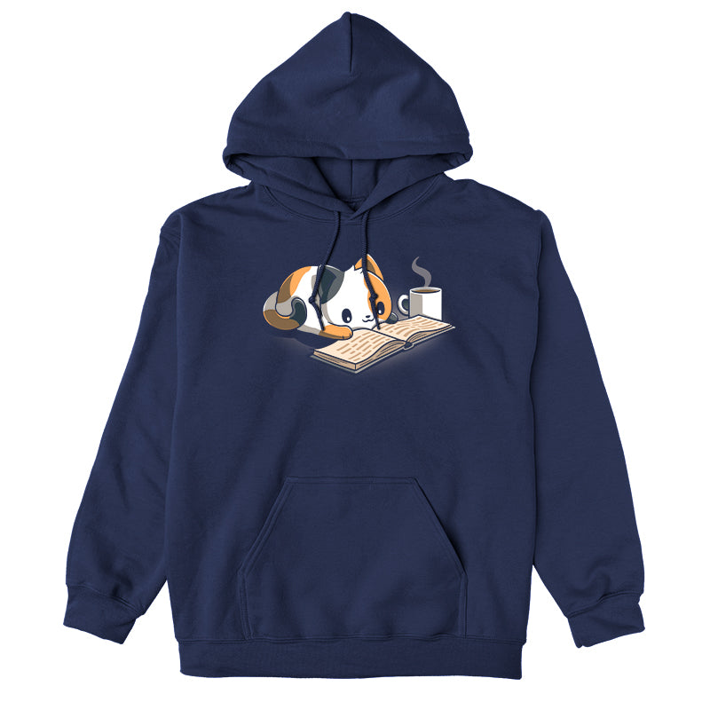 Pullover Hoodie_TeeTurtle Coffee and a Good Book navy blue design featuring a calico cat laying next to a hot cup of coffee as it reads a book.