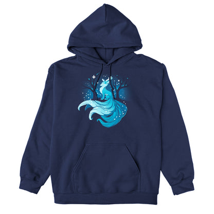 Pullover Hoodie_TeeTurtle Winter Kitsune navy blue t-shirt featuring a blue, fox-like creature with antlers, long tails, and a flowing mane sitting in a snowy forest with bare trees.