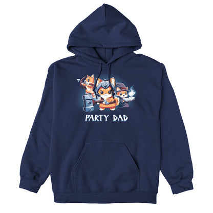 Pullover Hoodie_TeeTurtle Party Dad navy blue t-shirt featuring a party of three foxes dressed as a warrior, an archer, and wizard with a pun below it.