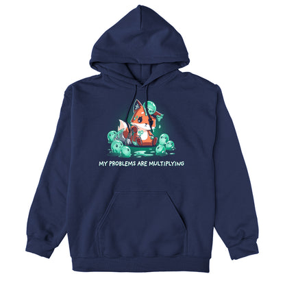 Pullover Hoodie_TeeTurtle My Problems are Multiplying navy blue design featuring a sad fox holding an axe and surrounded by fantasy green slimes that are multiplying.