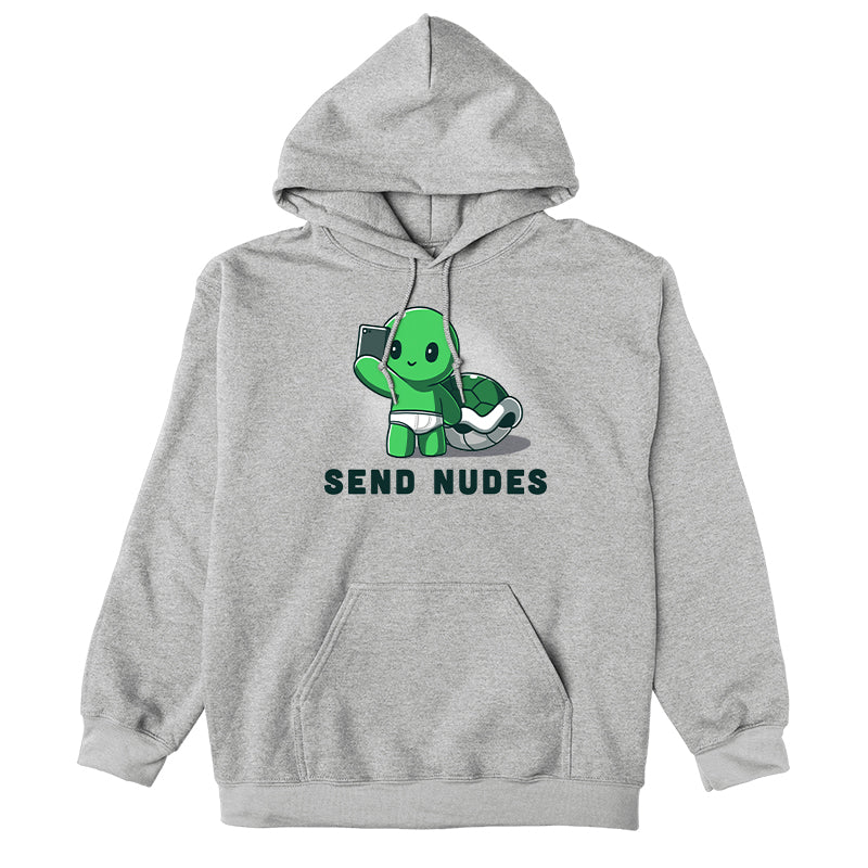 Pullover Hoodie_green cartoon turtle character holding a smartphone, wearing white underwear, with "SEND NUDES" text below it, on a super soft ringspun cotton Unisex apparelby monsterdigital called Send Nudes.